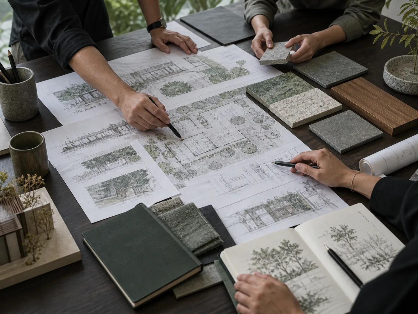 Hands reviewing plans and material samples on a dark timber table