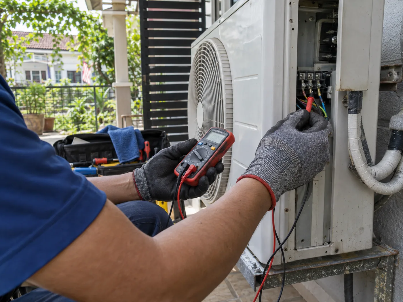 Gloved technician testing an outdoor air-conditioning unit