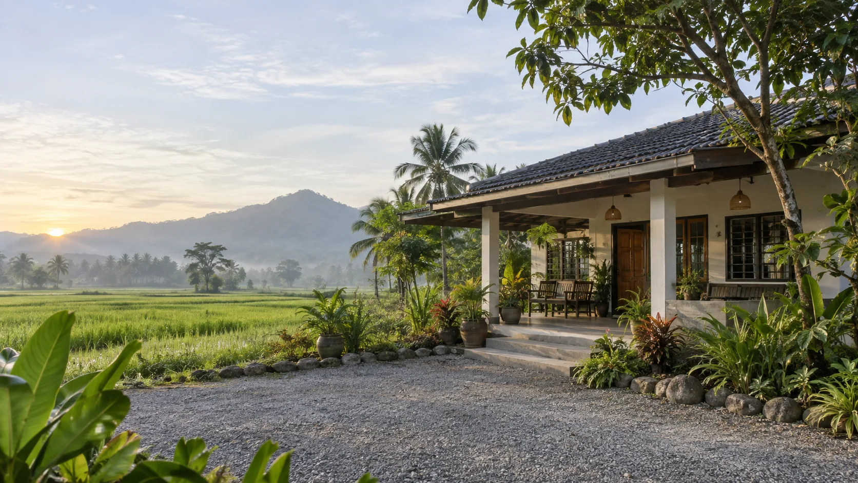 Rumah desa menghadap sawah dan bukit ketika matahari terbit