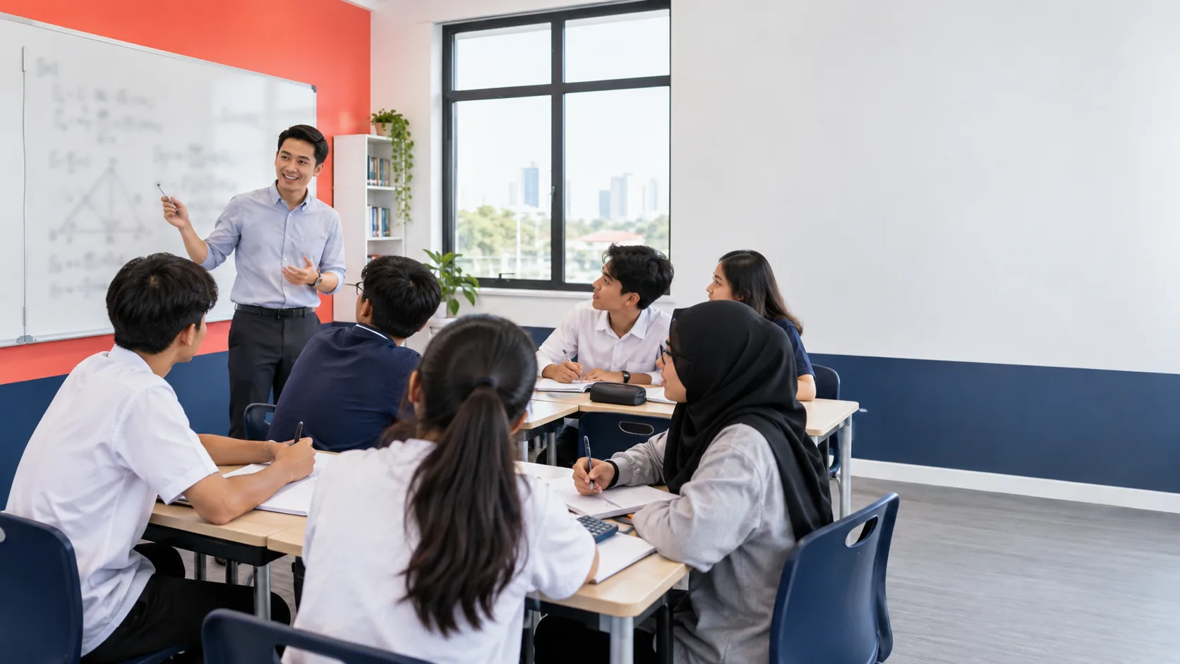 Guru menerangkan latihan matematik kepada kumpulan pelajar kecil