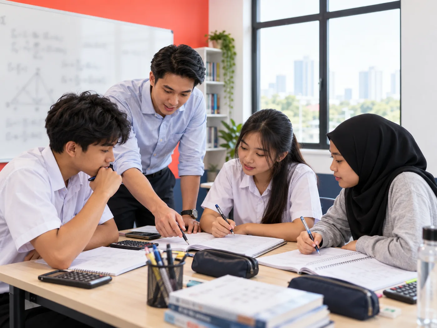 Guru membimbing tiga pelajar menyiapkan latihan bersama