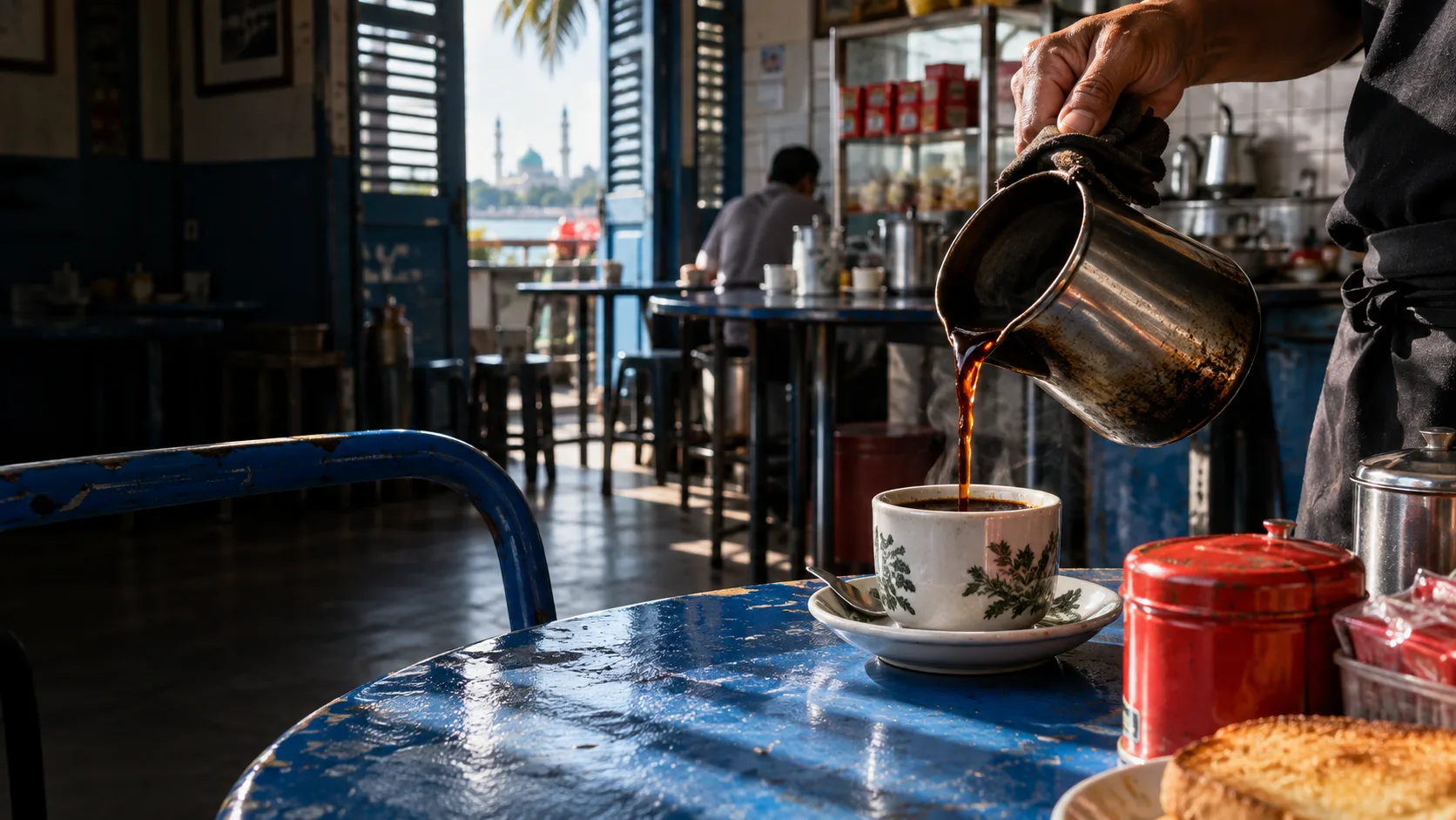 Fresh coffee being poured at Kopi Pantai