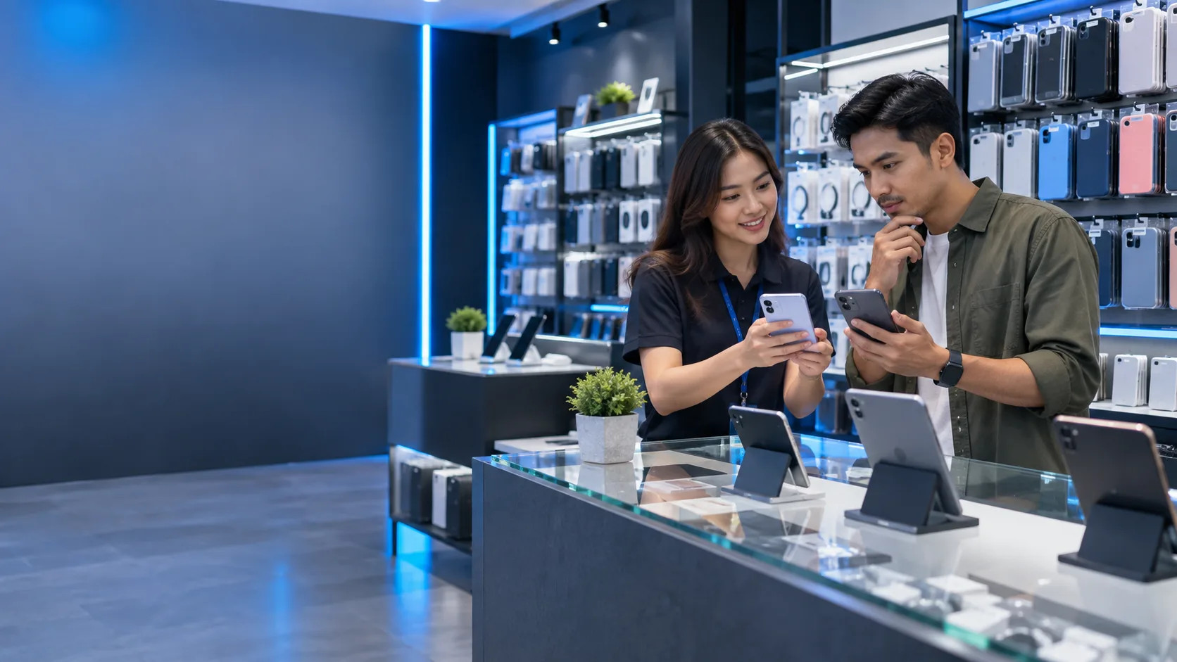 Pekerja kedai membantu pelanggan membandingkan telefon