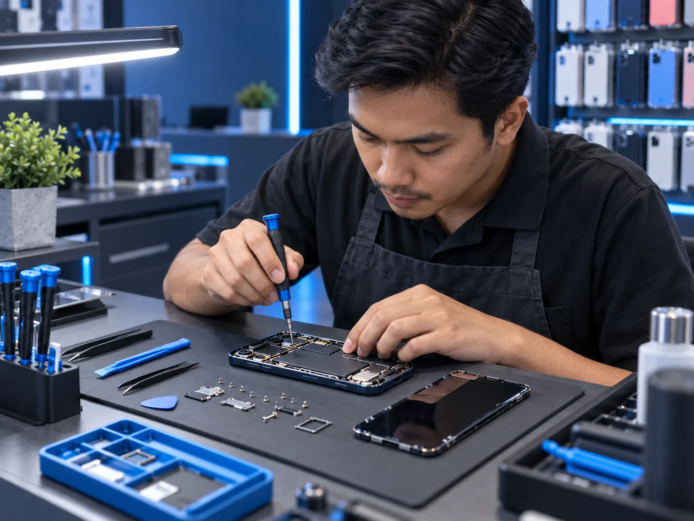 Juruteknik membaiki telefon di meja kerja
